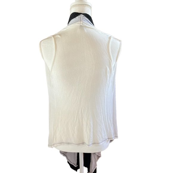 KLD Signature Sleeveless Waterfall Cardigan Cover Up Gray White Lt Blue Sz M - Picture 2 of 12